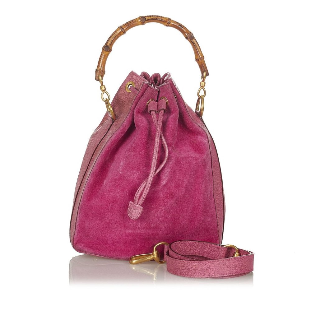 Gucci Pink Suede Bamboo Handle Drawstring Shoulder Bag